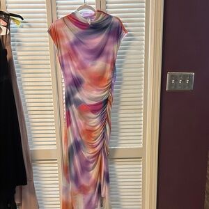 Anthropologie Watercolor Ruched Maxi Dress in Purple, Pink and Orange